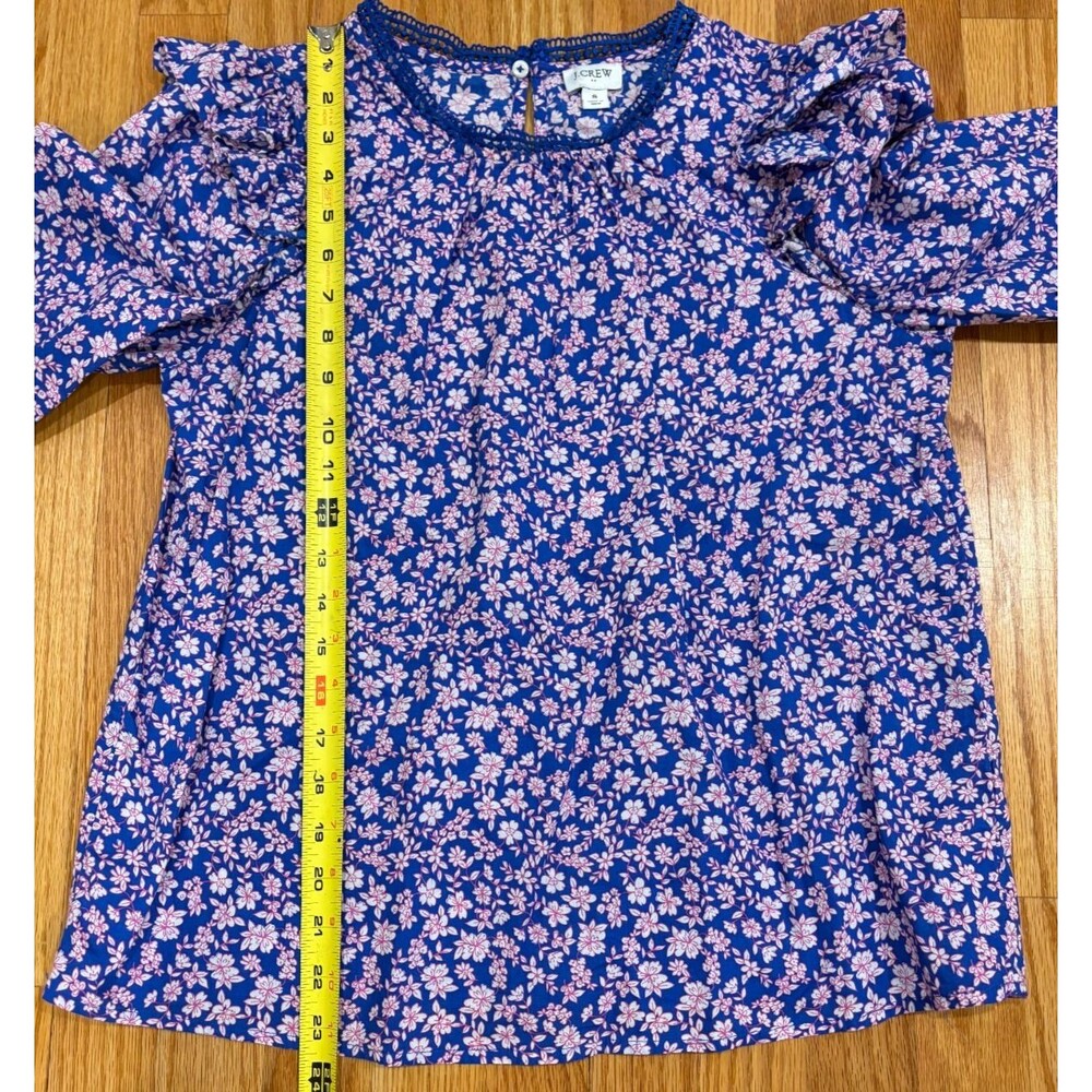 J CREW SHIRT Womens Small Blue Pink Floral Print Ruffle Lace Cotton Long Sleeve - Picture 2 of 8